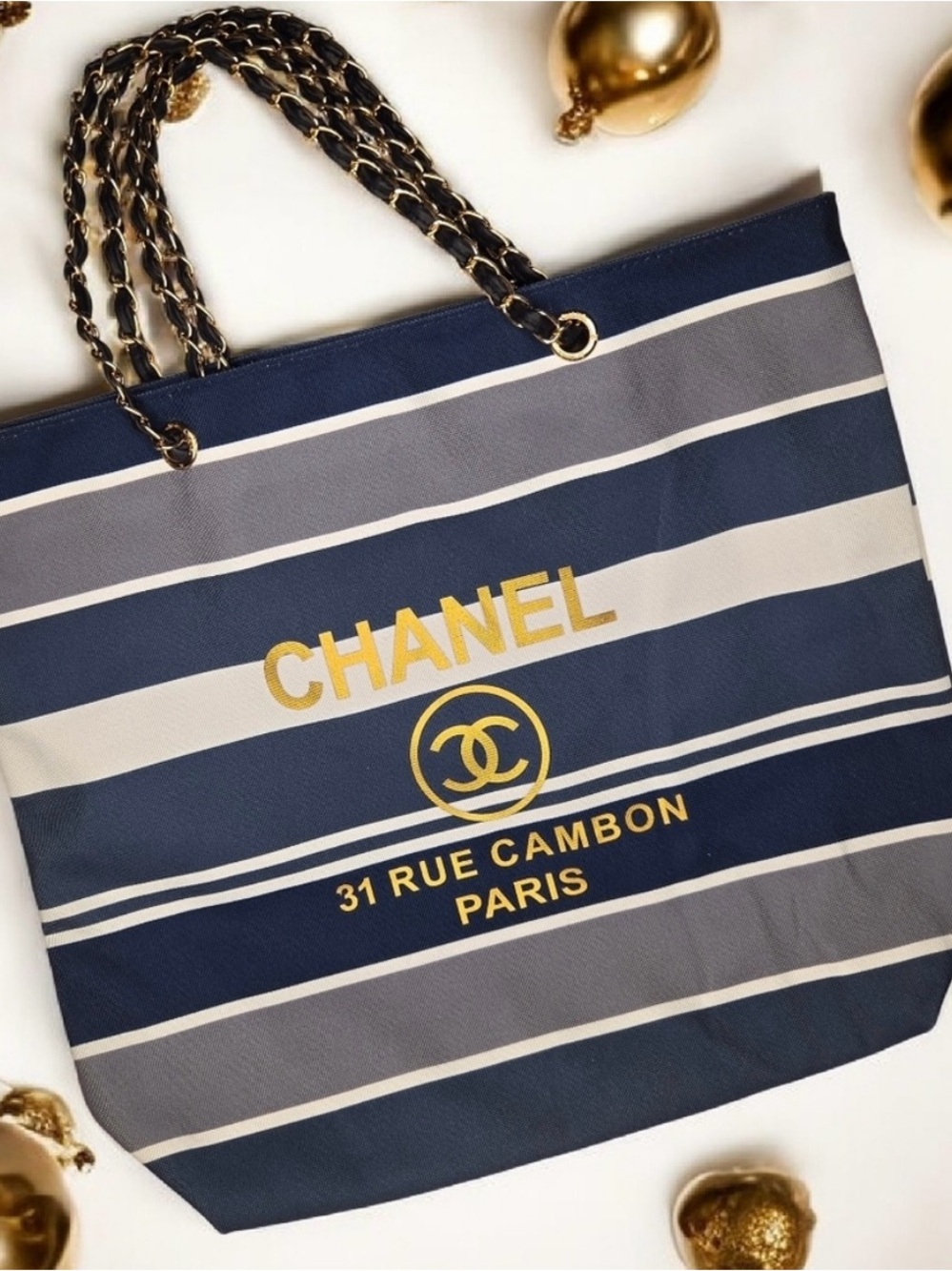 Luxury Tote Navy, White & Gray Striped Chain-Handle Tote NWT - Picture 7 of 12